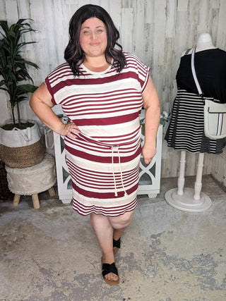 Hazel Tie Waist Striped Dress in Burgundy, Ivory + Oat