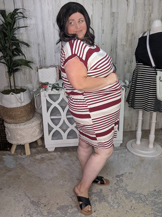 Hazel Tie Waist Striped Dress in Burgundy, Ivory + Oat