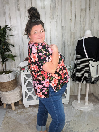 Ellie Dolman Sleeve Top w/Gabby Neckline in Black Hawaiian Florals