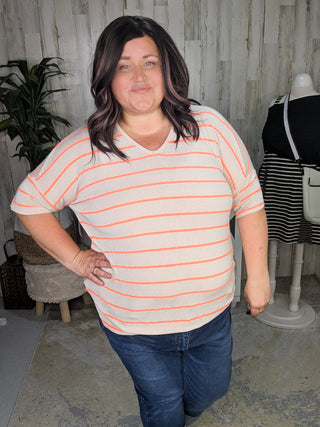 Vanessa Short Sleeve Dolman in Neon Orange Stripe