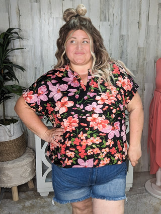 Ellie Dolman Sleeve Top w/Gabby Neckline in Black Hawaiian Florals