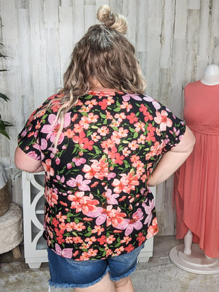 Ellie Dolman Sleeve Top w/Gabby Neckline in Black Hawaiian Florals