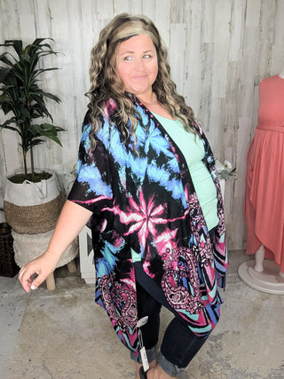 Cosmic Black Kimono w/Paisley Accents in Purple + Teal Galaxy