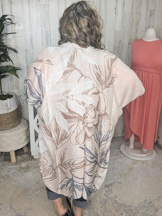 Lettie Flowy Sketched Floral Kimono in Beige + Denim Blue