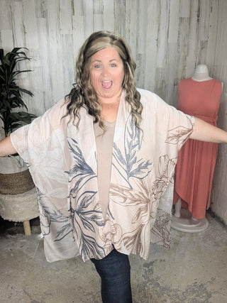 Lettie Flowy Sketched Floral Kimono in Beige + Denim Blue