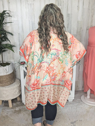 4- Overlayer Tops Nicole Peach Floral Kimono w/Ditsy Floral Border plus size clothing