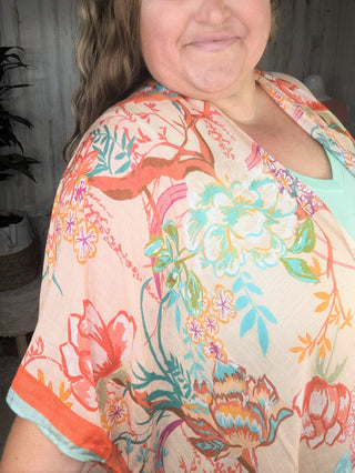 Nicole Peach Floral Kimono w/Ditsy Floral Border