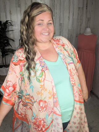 Nicole Peach Floral Kimono w/Ditsy Floral Border