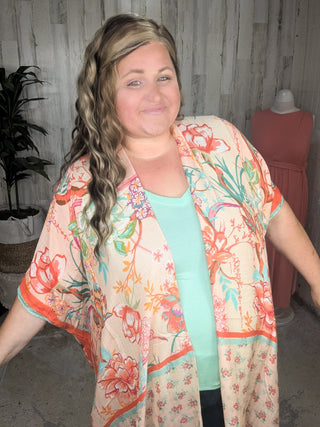 4- Overlayer Tops Nicole Peach Floral Kimono w/Ditsy Floral Border plus size clothing