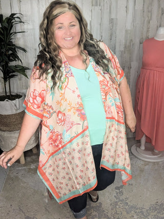 4- Overlayer Tops Nicole Peach Floral Kimono w/Ditsy Floral Border plus size clothing