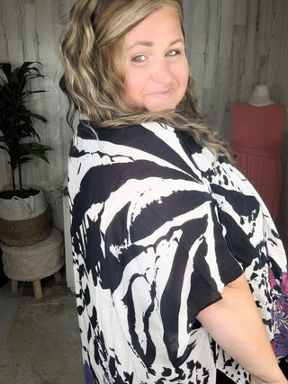 4- Overlayer Tops Morgana Abstract Black + White w/Bold Floral Accent Kimono plus size clothing