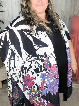 4- Overlayer Tops Morgana Abstract Black + White w/Bold Floral Accent Kimono plus size clothing