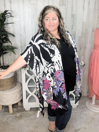 4- Overlayer Tops Morgana Abstract Black + White w/Bold Floral Accent Kimono plus size clothing