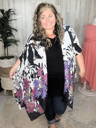 Morgana Abstract Black + White w/Bold Floral Accent Kimono