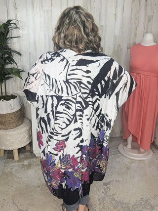 4- Overlayer Tops Morgana Abstract Black + White w/Bold Floral Accent Kimono plus size clothing