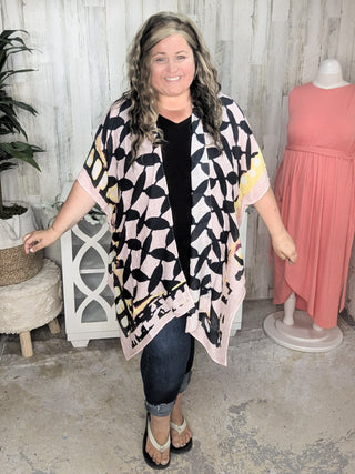 4- Overlayer Tops Rachelle Abstract Floral + Geometric Kimono in Pink + Yellow plus size clothing