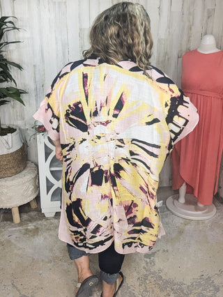 Rachelle Abstract Floral + Geometric Kimono in Pink + Yellow