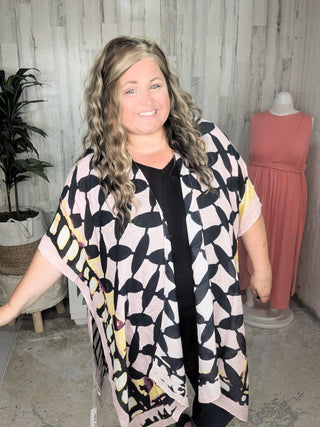 4- Overlayer Tops Rachelle Abstract Floral + Geometric Kimono in Pink + Yellow plus size clothing