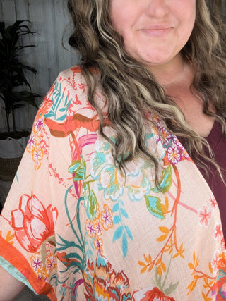 4- Overlayer Tops Nicole Peach Floral Kimono w/Ditsy Floral Border plus size clothing