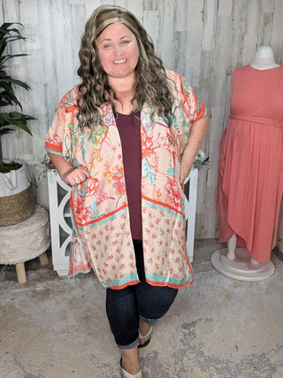 4- Overlayer Tops Nicole Peach Floral Kimono w/Ditsy Floral Border plus size clothing