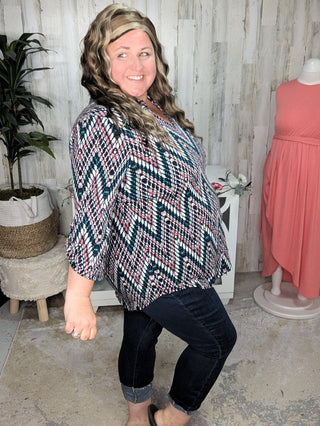 2- Long Sleeve Tops Scottie Vneck Blouse in Teal + Berry Zigzag plus size clothing