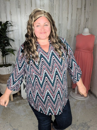 2- Long Sleeve Tops Scottie Vneck Blouse in Teal + Berry Zigzag plus size clothing