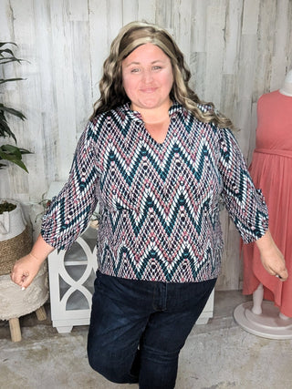 Scottie Vneck Blouse in Teal + Berry Zigzag