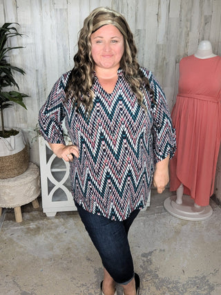 Scottie Vneck Blouse in Teal + Berry Zigzag