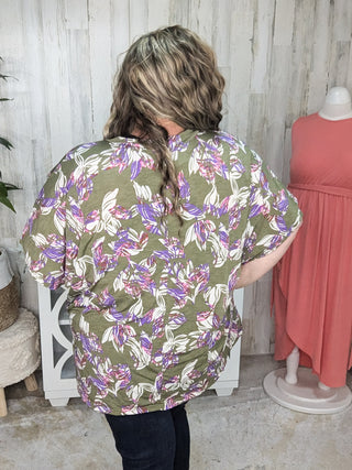 Lenora Slouchy Dolman Top in Olive, Pink + Purple Botanicals