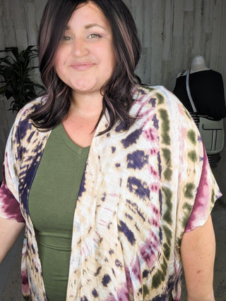 4- Overlayer Tops Logan Tiedye Kimono in Berry Green Blend plus size clothing