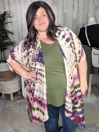 4- Overlayer Tops Logan Tiedye Kimono in Berry Green Blend plus size clothing