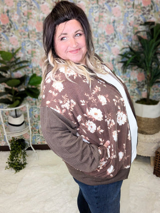 3- Hooded Tops PHC- Ramona Ribbed Full Zip Hoodie in Neutral Florals plus size clothing