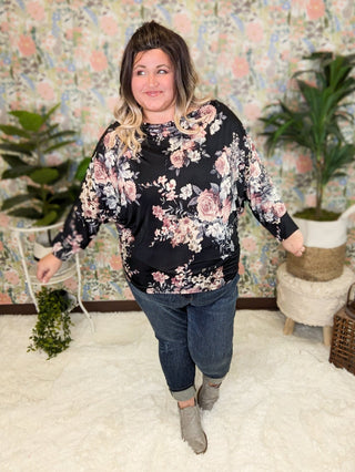 2- Long Sleeve Tops Gale Boatneck Long Sleeve Dolman Top in Black Floral plus size clothing