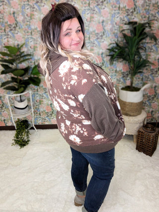 3- Hooded Tops PHC- Ramona Ribbed Full Zip Hoodie in Neutral Florals plus size clothing