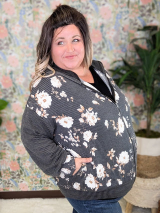 3- Hooded Tops PHC- Ramona Ribbed Full Zip Hoodie in Neutral Florals plus size clothing