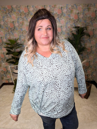 2- Long Sleeve Tops Gwenna Spotted + Knotted Vneck Pullover in Mint plus size clothing