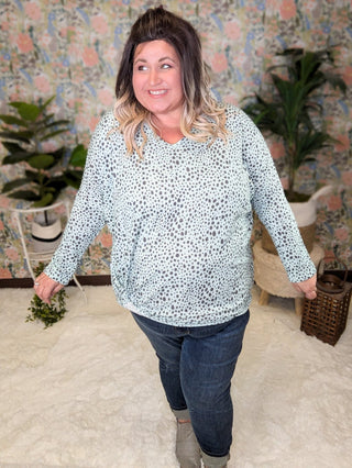 2- Long Sleeve Tops Gwenna Spotted + Knotted Vneck Pullover in Mint plus size clothing