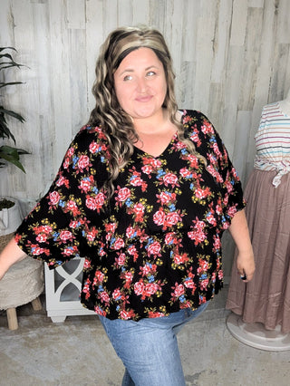 1- ShortSlv/Slvless Tops Mandy Dolman Short Sleeve w/Tie Back in Black Floral plus size clothing