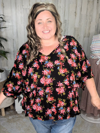 1- ShortSlv/Slvless Tops Mandy Dolman Short Sleeve w/Tie Back in Black Floral plus size clothing