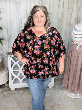 1- ShortSlv/Slvless Tops Mandy Dolman Short Sleeve w/Tie Back in Black Floral plus size clothing