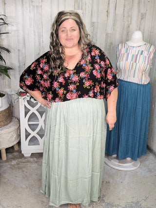 1- ShortSlv/Slvless Tops Mandy Dolman Short Sleeve w/Tie Back in Black Floral plus size clothing