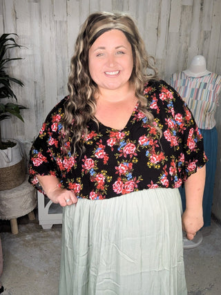 1- ShortSlv/Slvless Tops Mandy Dolman Short Sleeve w/Tie Back in Black Floral plus size clothing