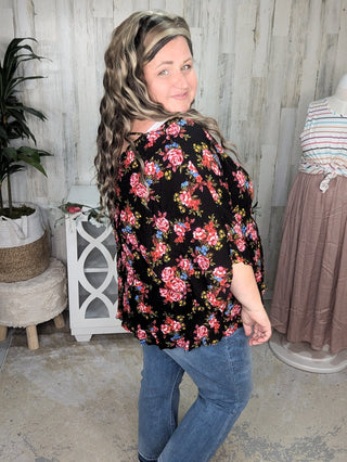 1- ShortSlv/Slvless Tops Mandy Dolman Short Sleeve w/Tie Back in Black Floral plus size clothing