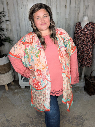 4- Overlayer Tops Nicole Peach Floral Kimono w/Ditsy Floral Border plus size clothing