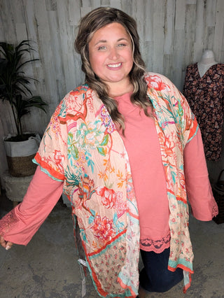 Nicole Peach Floral Kimono w/Ditsy Floral Border