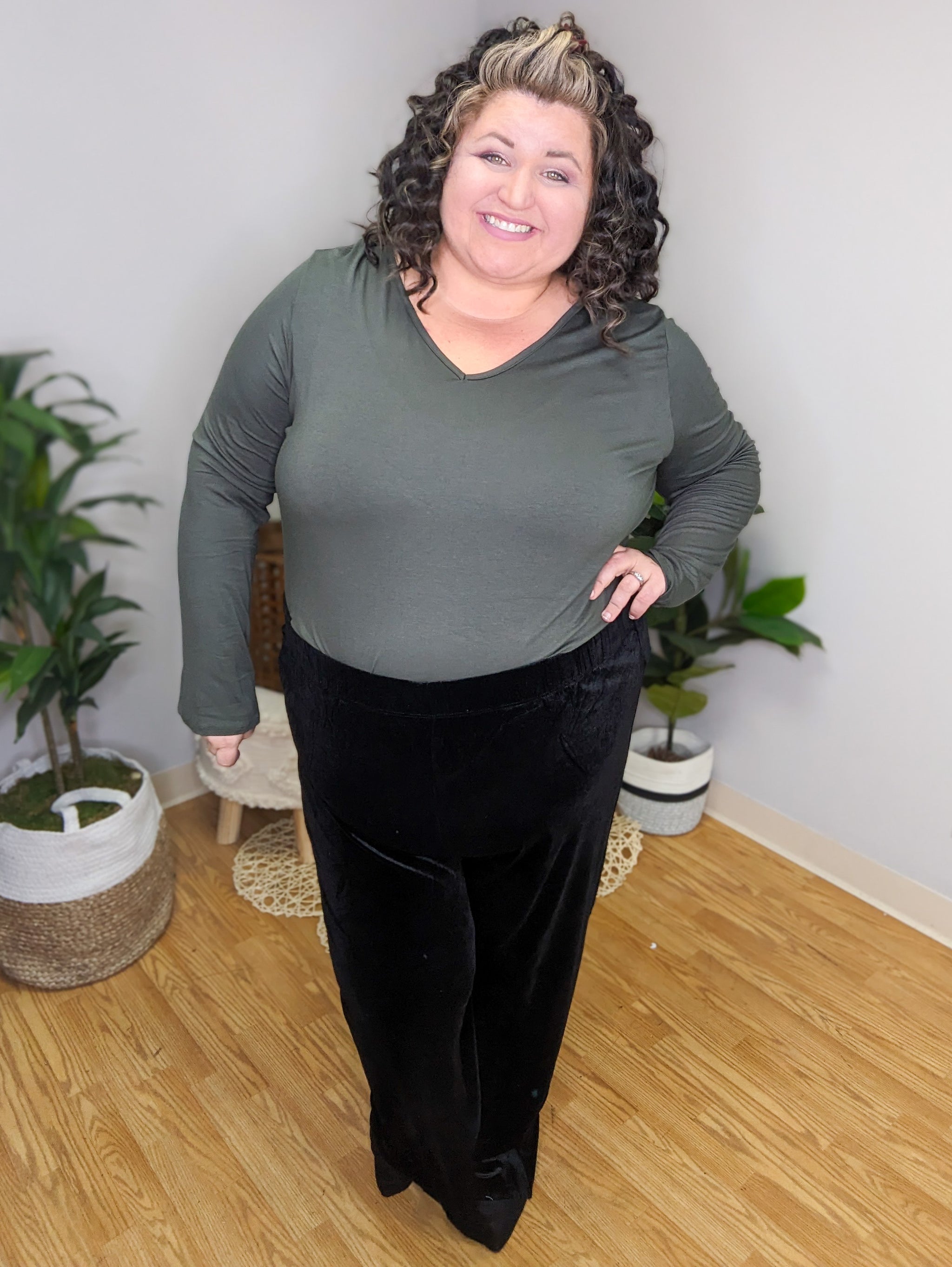 Valeria Velvet Wide Leg Pants - Stacked - A Plus Size Boutique