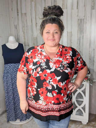 1- ShortSlv/Slvless Tops SALE- Joyce Vneck Tee w/Side Slit in Red & Black Florals plus size clothing