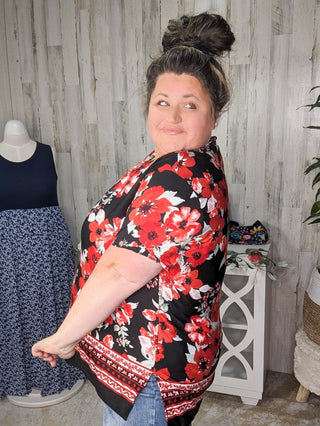 1- ShortSlv/Slvless Tops SALE- Joyce Vneck Tee w/Side Slit in Red & Black Florals plus size clothing