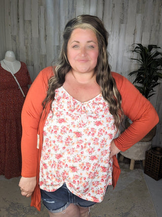 1- ShortSlv/Slvless Tops Maria Tank w/Ruffle in Sunset Hue Florals plus size clothing