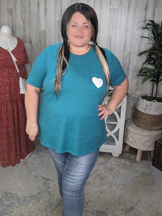 Kensie Teal Flowy Tee w/Heart Pocket